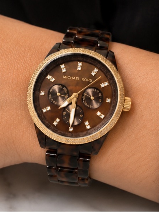 Michael Kors Accessories - Michael Kors “Jet Set” Tortoise Shell Gold Diamond Chronograph Watch MK5038